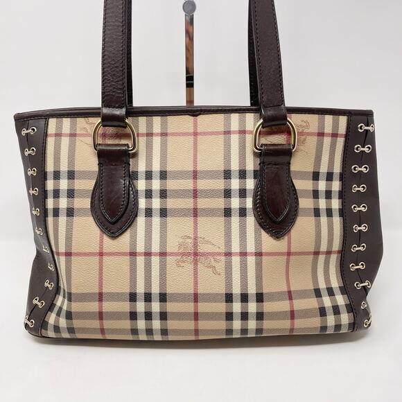 Burberry Brown Beige Haymarket Check Canvas Regent Grommet Tote Bag Double Strap - Picture 2 of 16